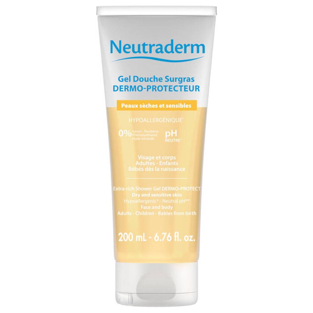 Tube blanc et jaune avec texte. Liquide jaune visible. Texte: Dermo-Protecteur, Peaux sèches et sensibles. Hypoallergénique.