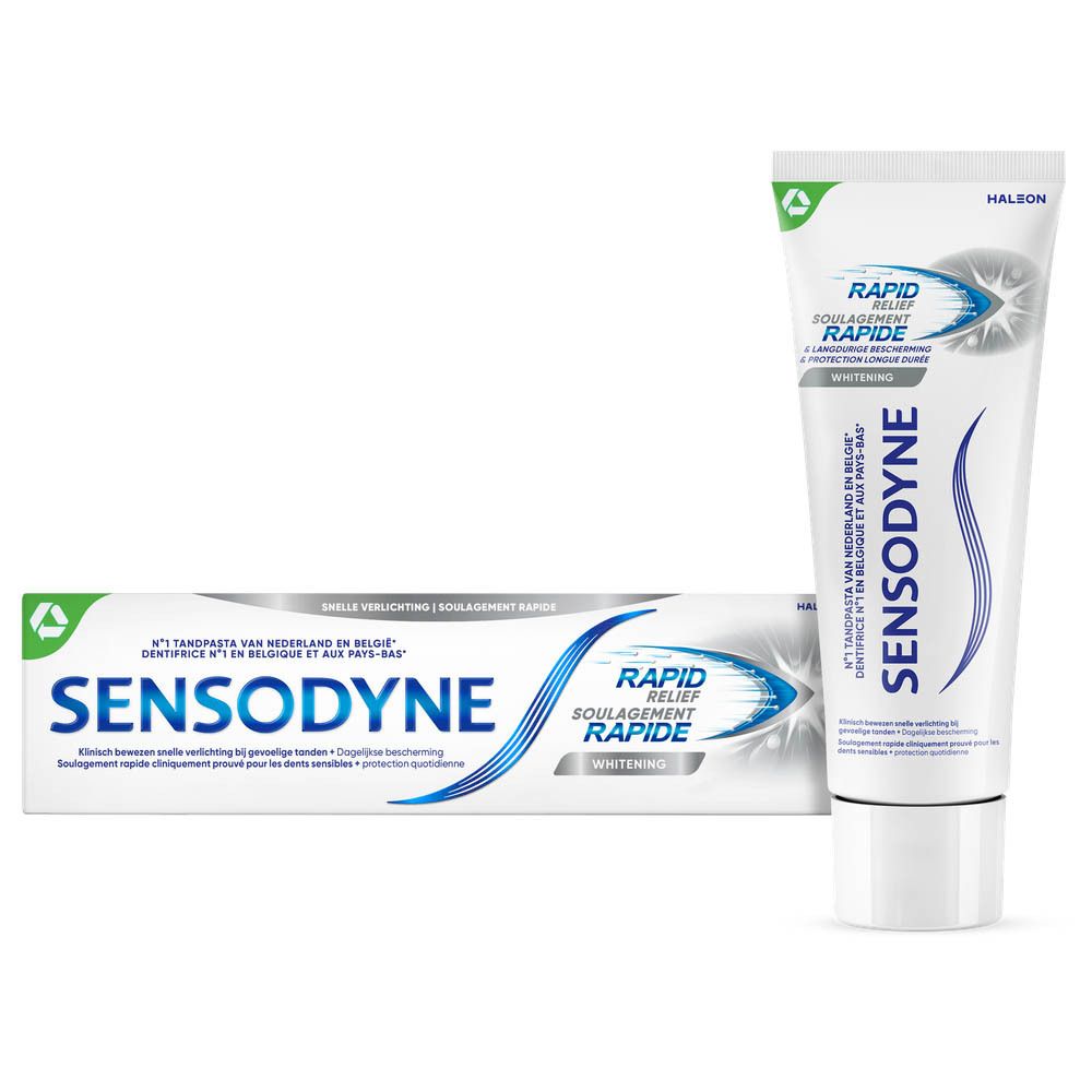 Tube et emballage de dentifrice. Inscription : SENSODYNE® Rapid Relief. Texte en français.