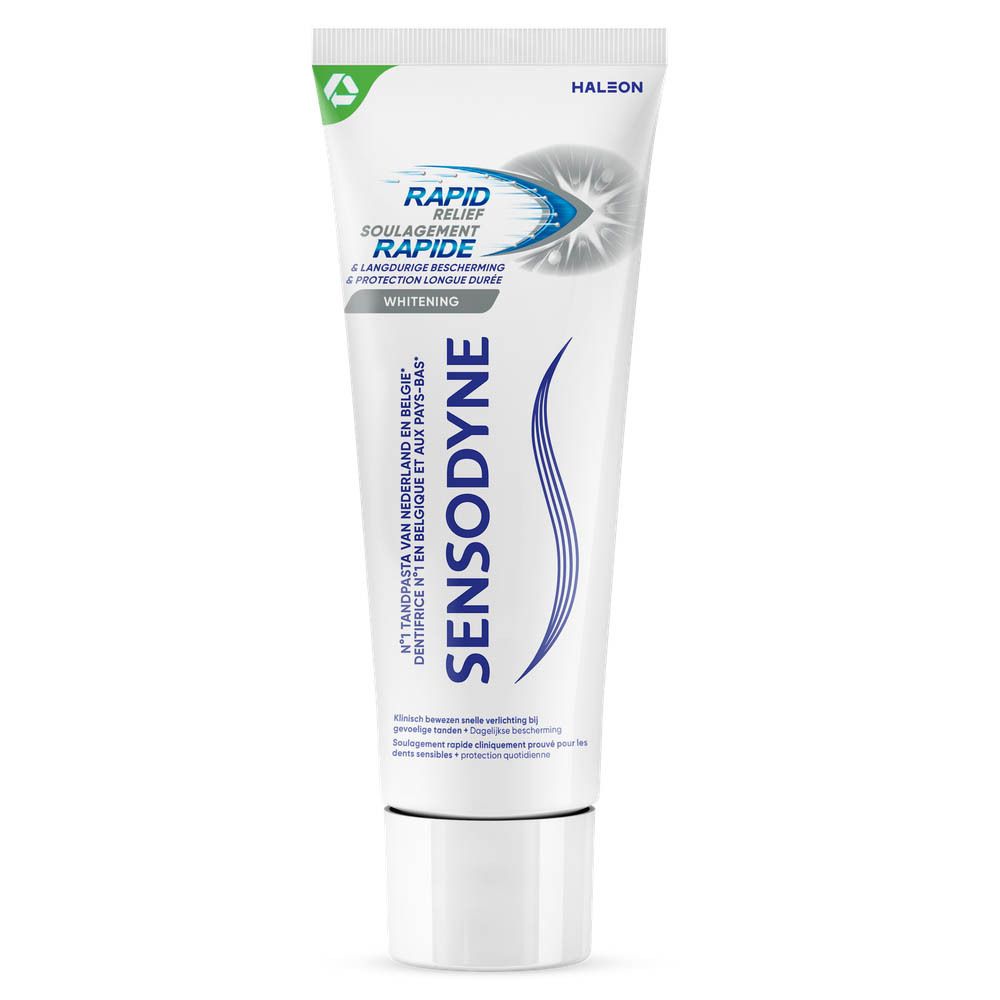 Emballage de dentifrice. Inscription : SENSODYNE® Rapid Relief. Texte en français.