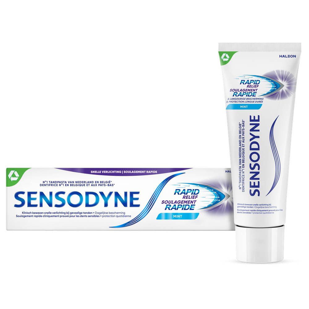 Tube et boîte de dentifrice Sensodyne Rapid Relief. Menthe, blanc, texte bleu.