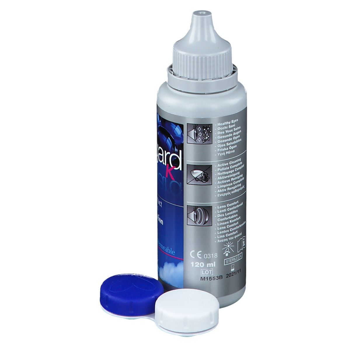Flacon de solution pour lentilles de contact avec bouchons. Inscription: Regard K, RGP, Contact Lens Solution, 120 ml.