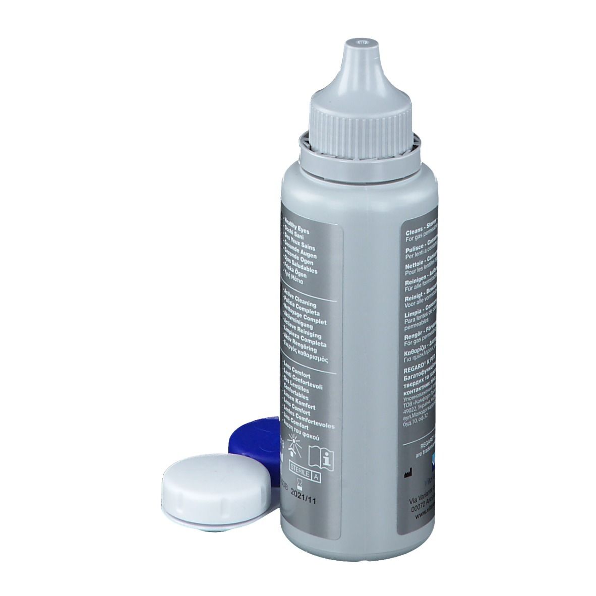 Dos d'un flacon de solution pour lentilles de contact avec bouchons. Inscription: Regard K, RGP, Contact Lens Solution. Texte multilingue.