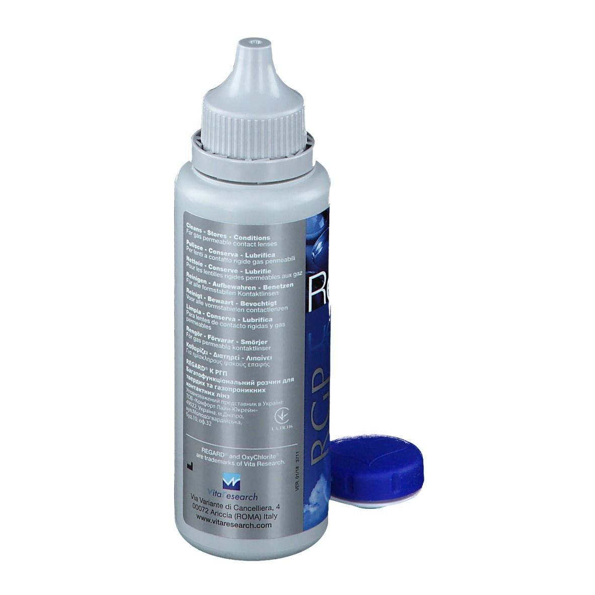 Flacon de solution pour lentilles de contact avec bouchon. Inscription: Regard K, RGP, Contact Lens Solution. Texte multilingue.