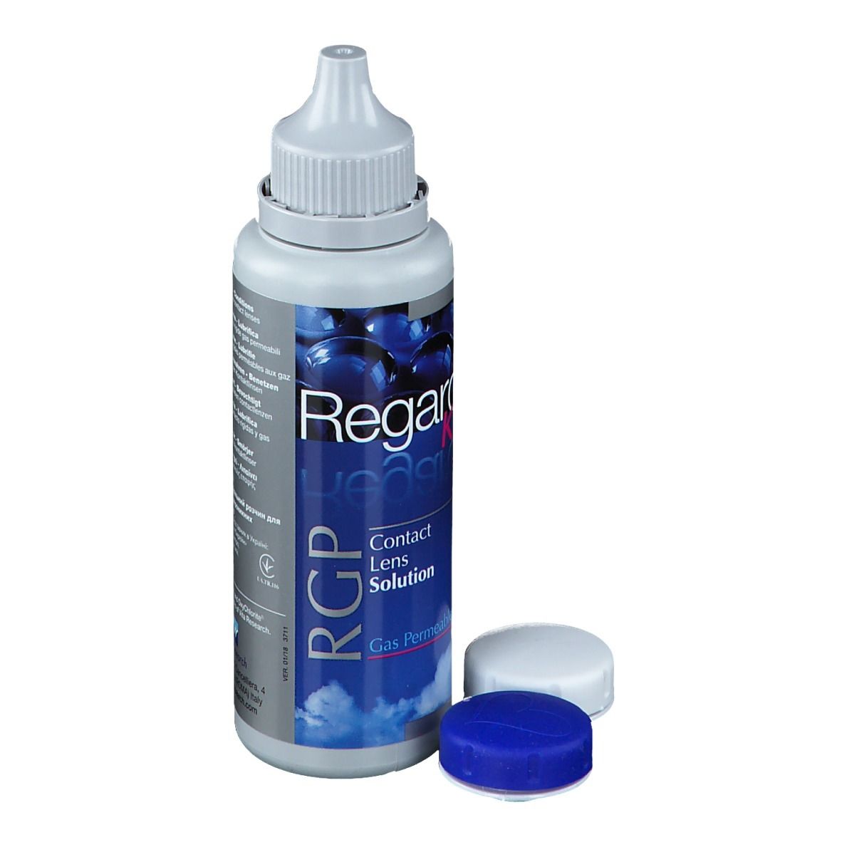 Flacon de solution pour lentilles de contact avec bouchons. Inscription: Regard K, RGP, Contact Lens Solution, Gas Permeable.