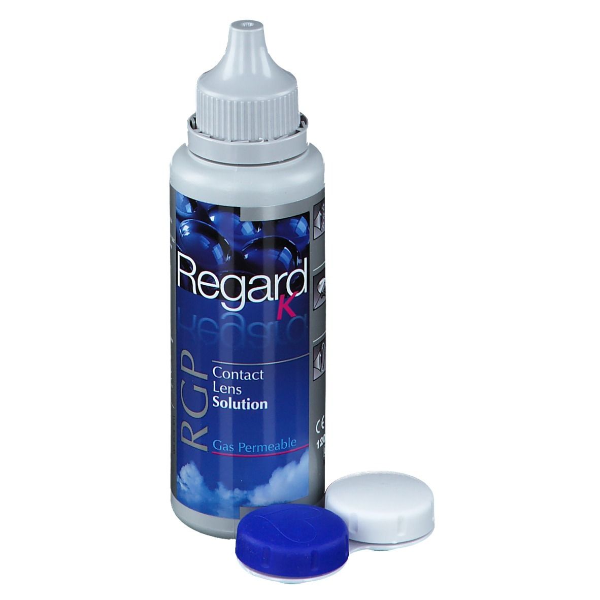Flacon de solution pour lentilles de contact avec bouchons. Inscription: Regard K, RGP, Contact Lens Solution, 120 ml.