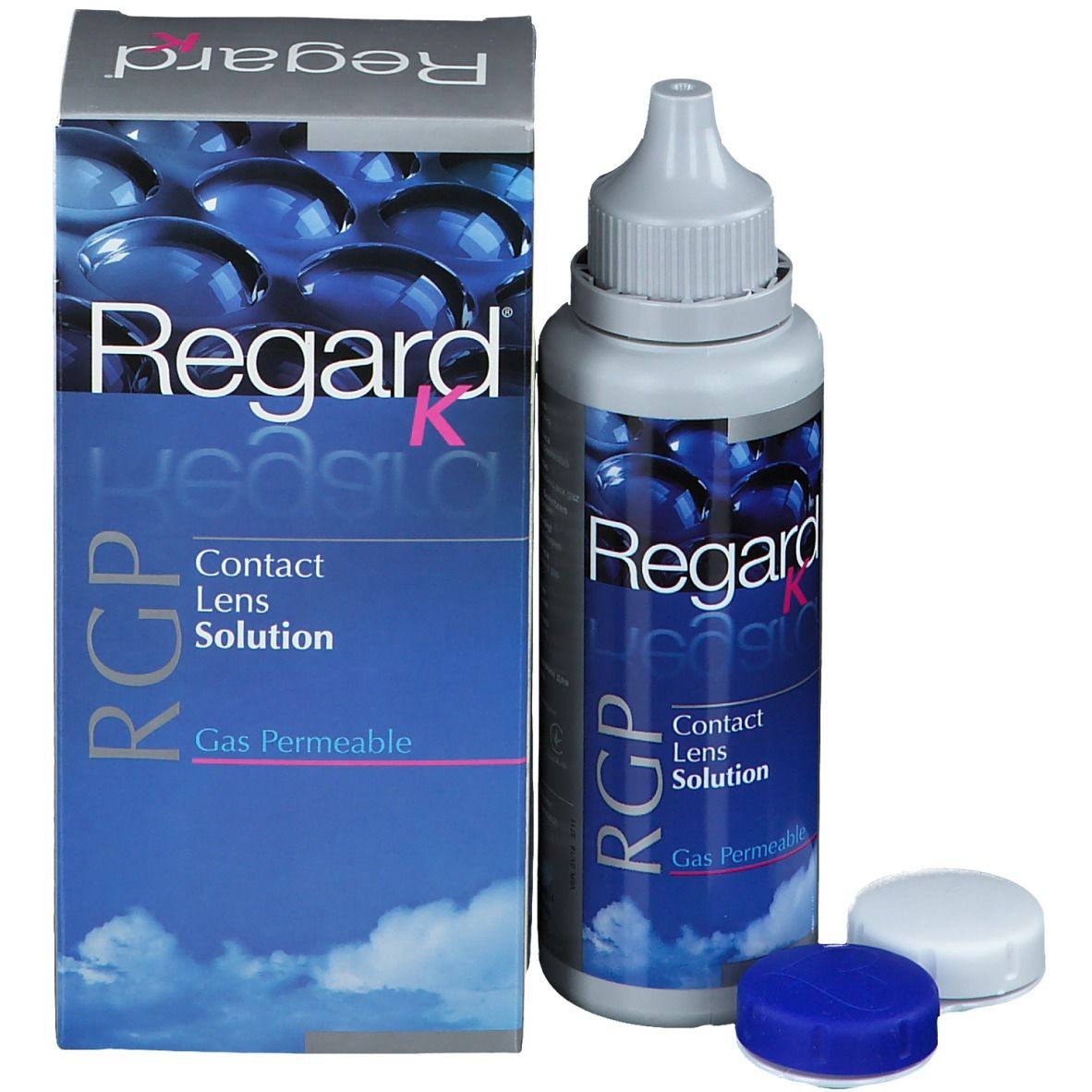 Boîte et flacon de solution pour lentilles de contact avec bouchons. Inscription: Regard K, RGP, Contact Lens Solution, Gas Permeable.