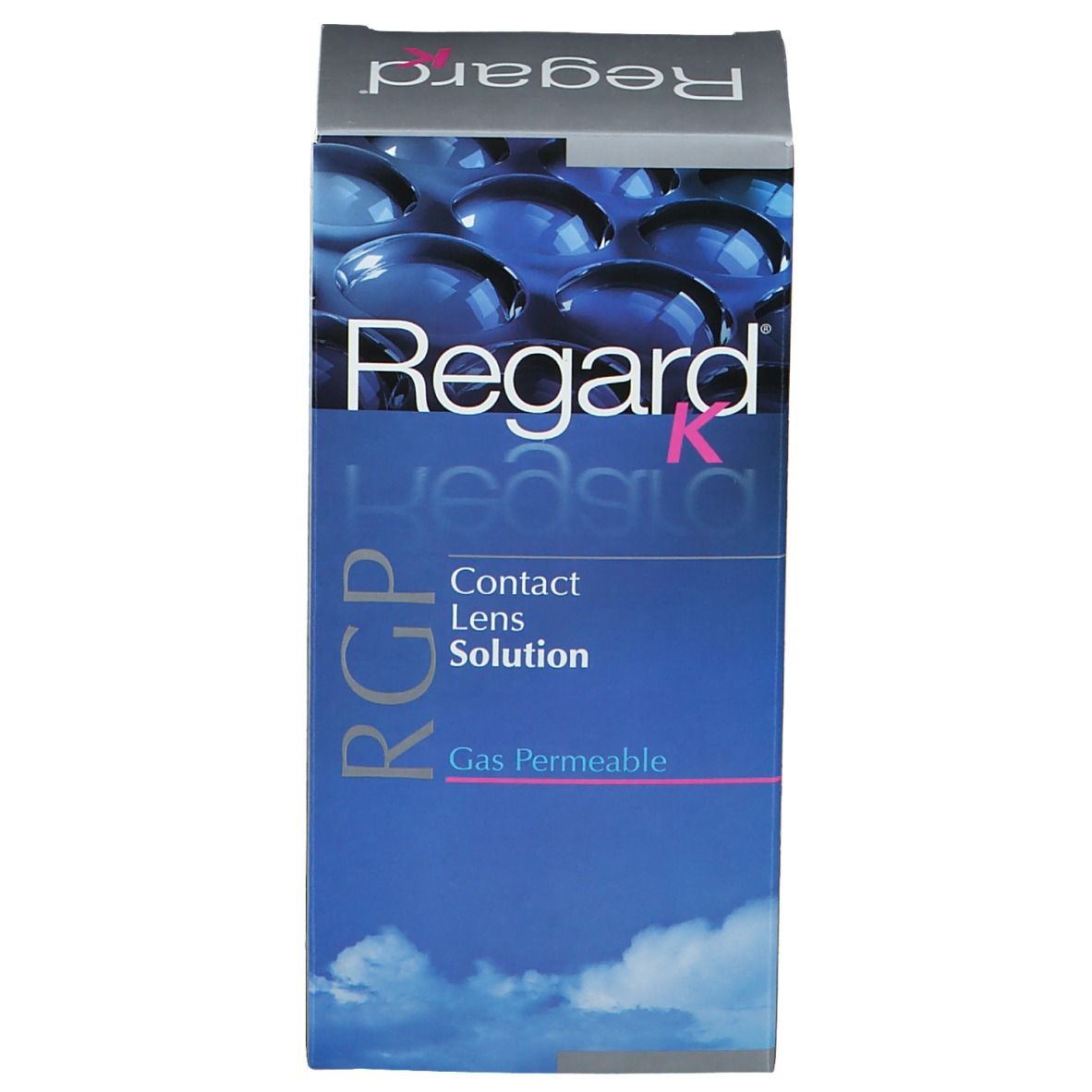 Boîte de solution pour lentilles de contact. Inscription: Regard K, RGP, Contact Lens Solution, Gas Permeable.