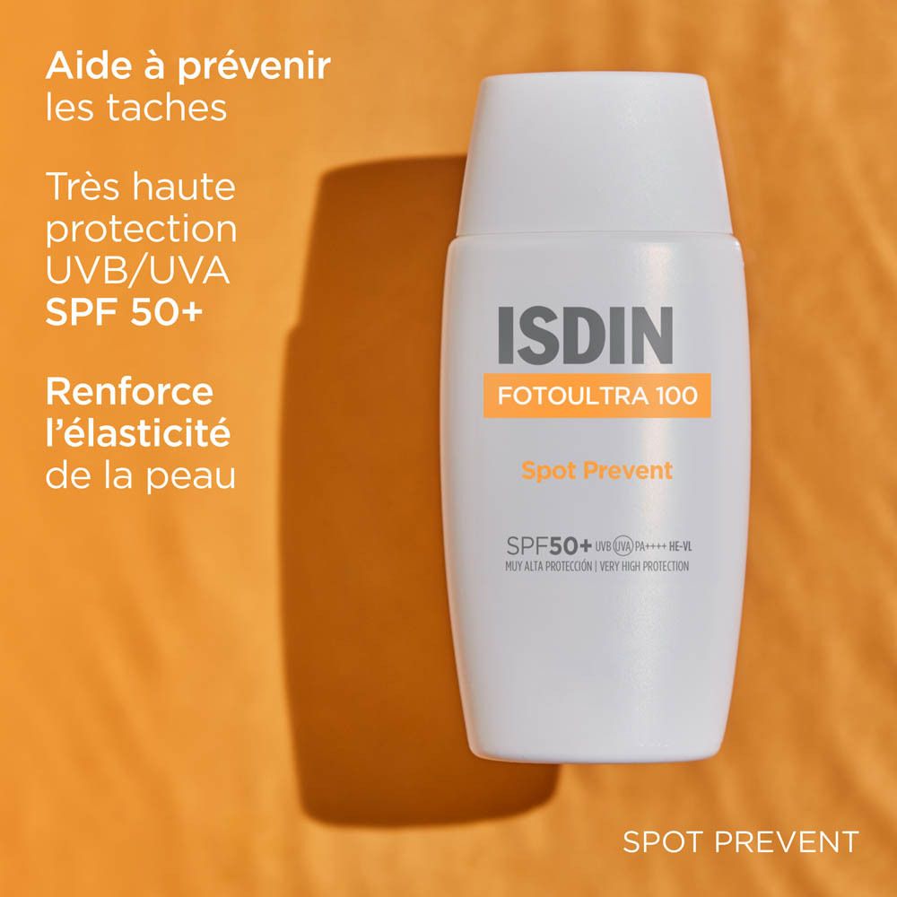 Flacon blanc ISDIN FOTOULTRA 100 Spot Prevent. Texte: Aide à prévenir les taches. SPF50+.