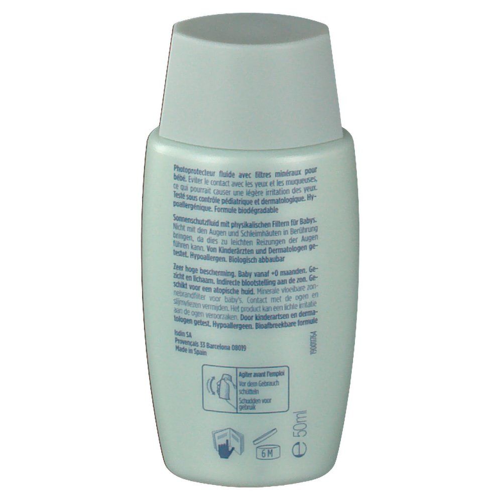 Dos du flacon de crème solaire. Texte multilingue. Informations sur l'utilisation et les ingrédients. 50 ml.