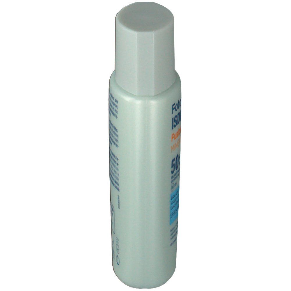 Flacon de crème solaire, vue latérale. Couleur vert clair. Étiquette avec texte. Produit: ISDIN Fusion Fluid Mineral Baby SPF 50+.