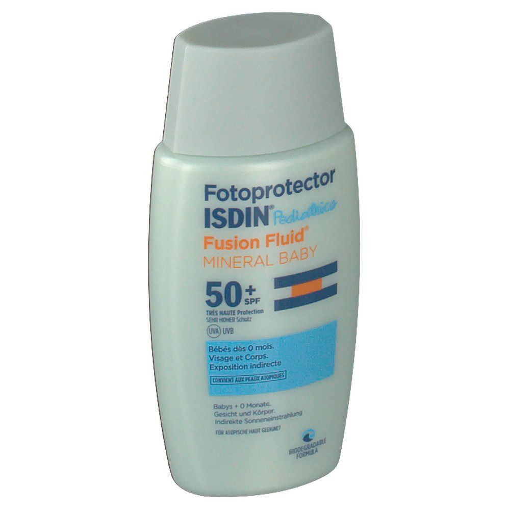 Flacon de protection solaire pour bébés. Étiquette bleu et blanc. Texte: ISDIN, Fusion Fluid Mineral Baby SPF 50+.