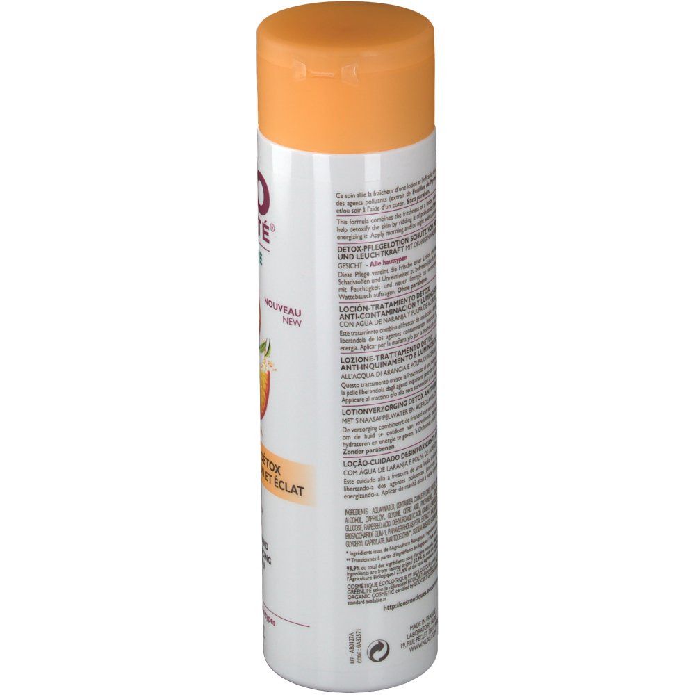 Flacon blanc avec bouchon orange. Verso avec texte multilingue. Lotion détox. Pour tous types de peau.