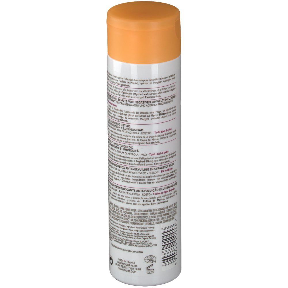 Flacon blanc avec bouchon orange. Verso avec texte multilingue. Lotion détox. Pour tous types de peau.