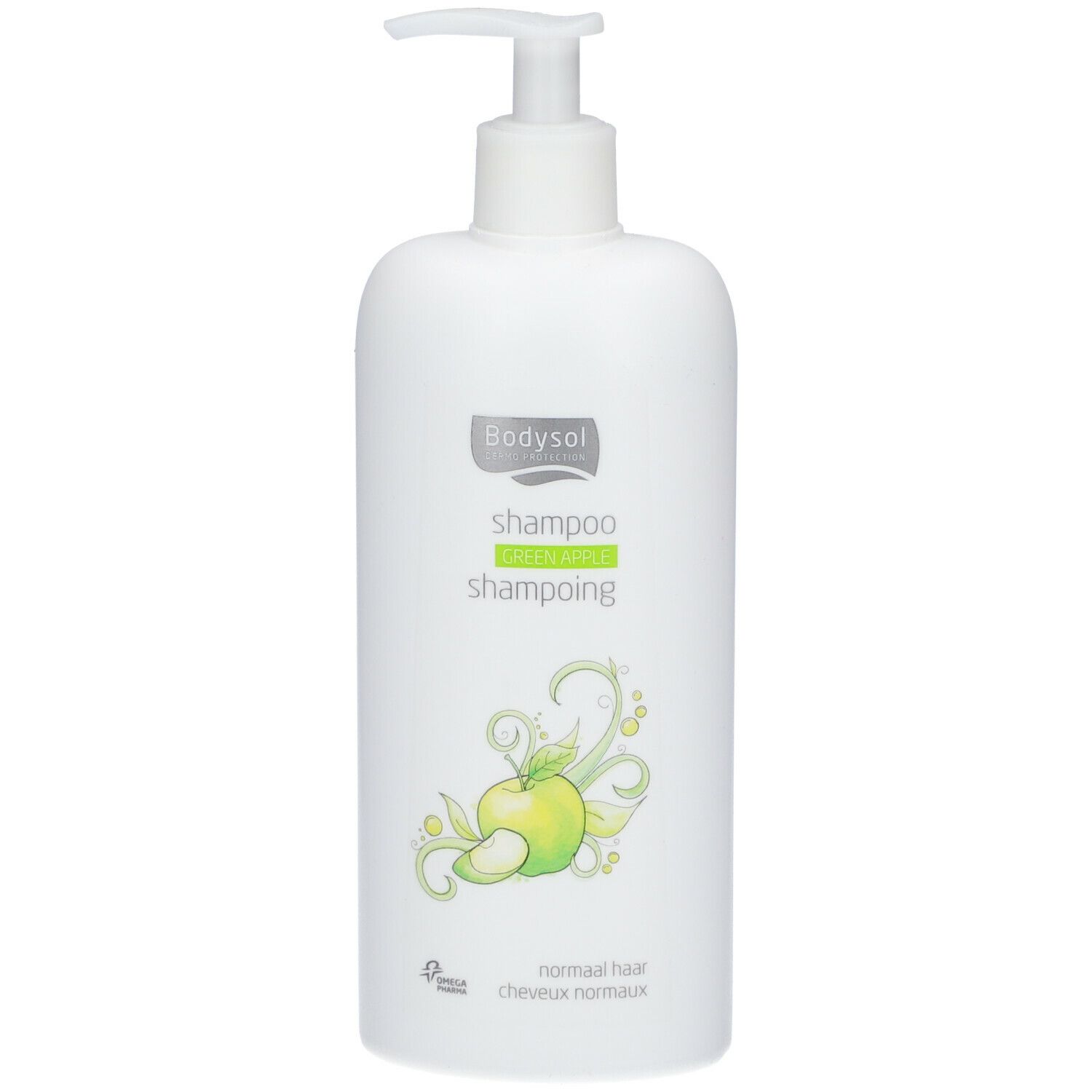 Flacon de shampooing blanc avec pompe doseuse. Impression: Bodysol, illustration de pomme, "Cheveux normaux".