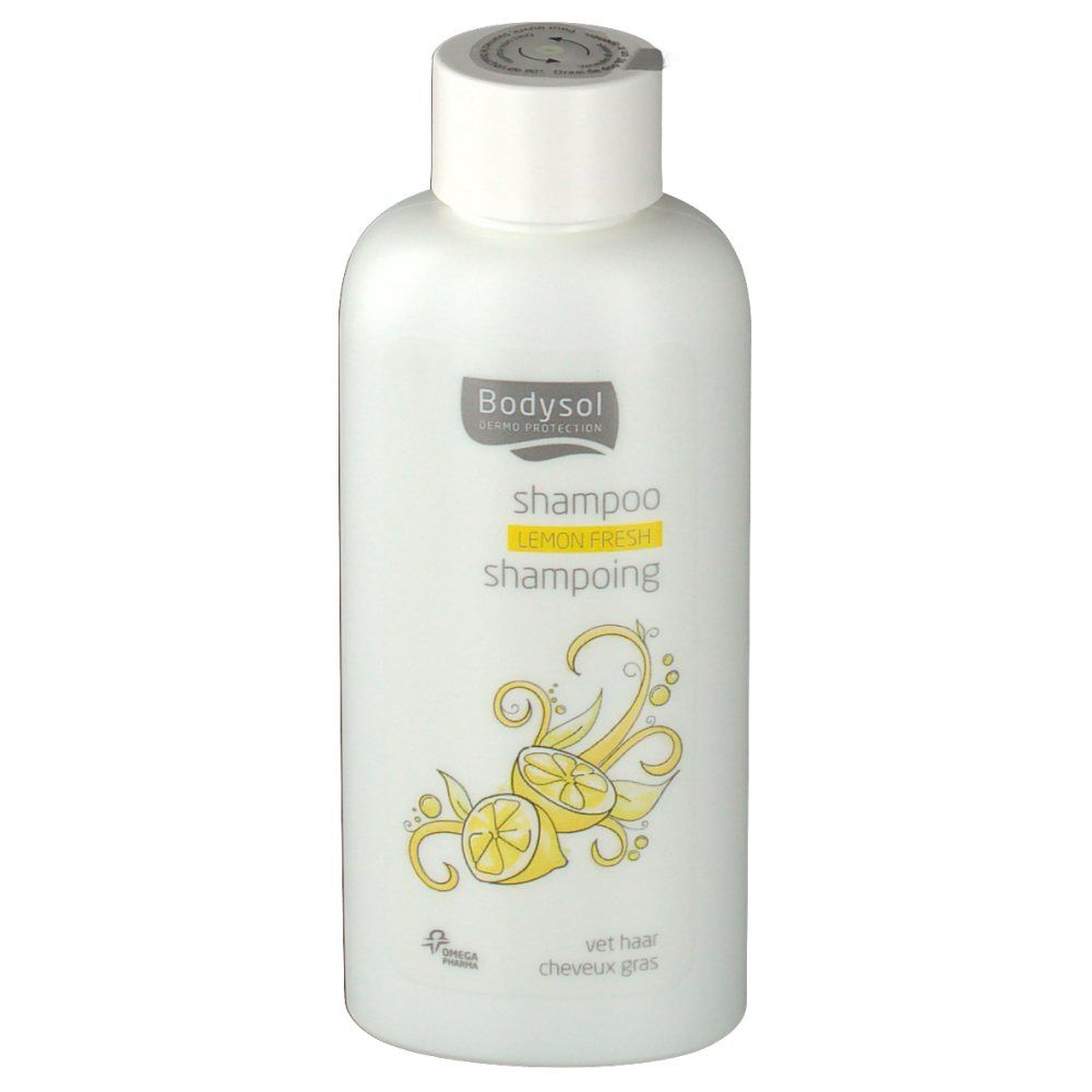 Flacon blanc de shampooing Bodysol, citron frais. Illustration de citrons jaunes. Pour cheveux gras.