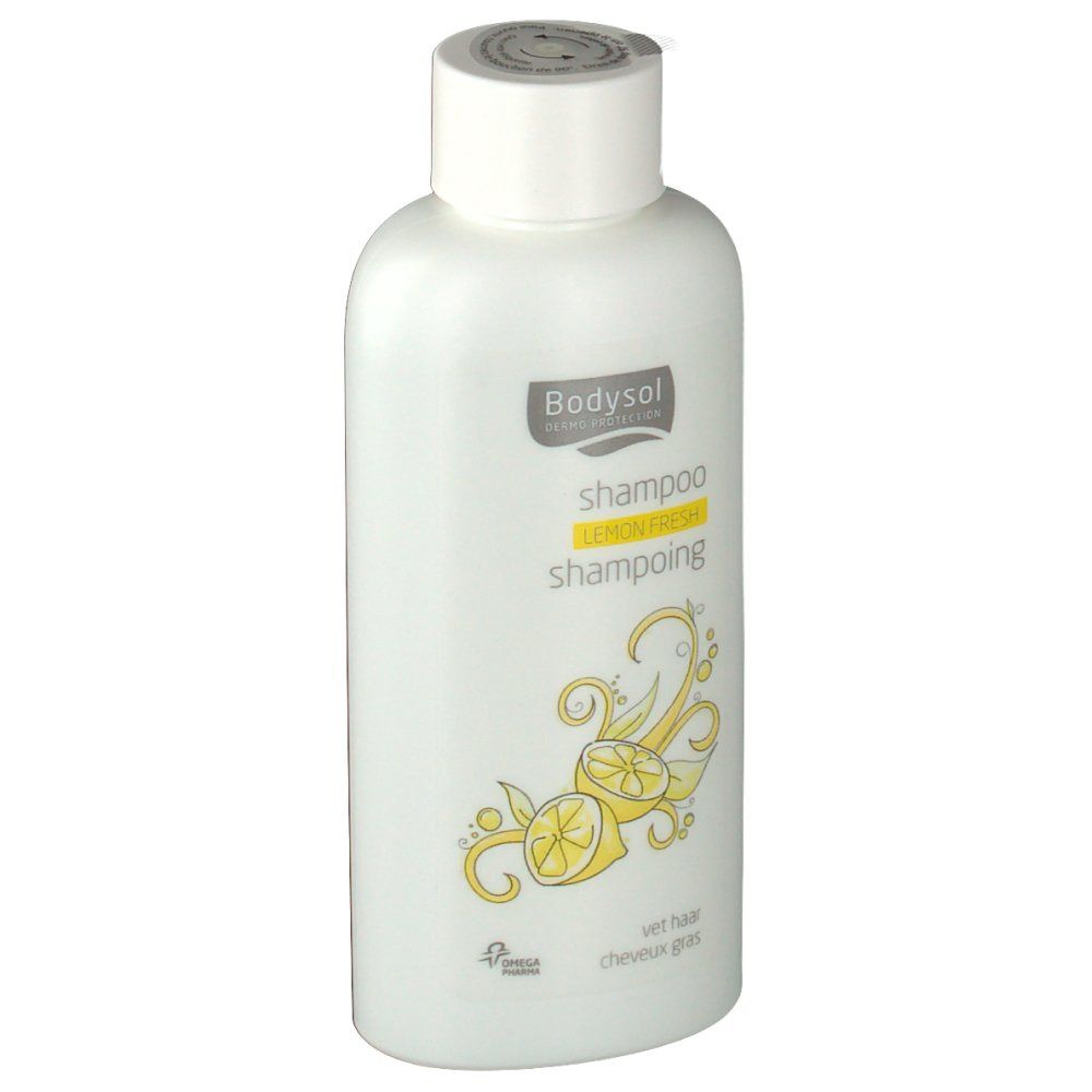 Flacon blanc de shampooing Bodysol, citron frais. Illustration de citrons jaunes. Pour cheveux gras.