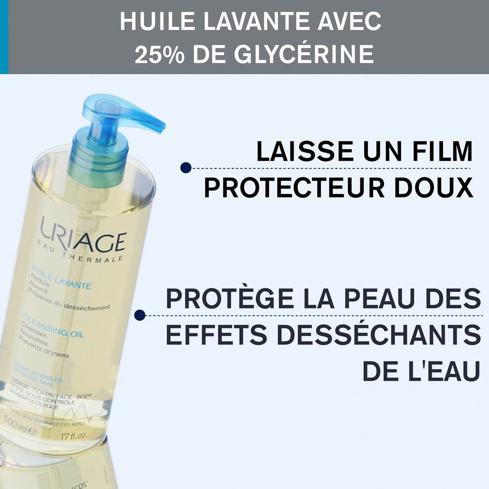 Flacon transparent avec pompe bleue. Inscription : Uriage Eau Thermale, Huile Lavante, Cleansing Oil.