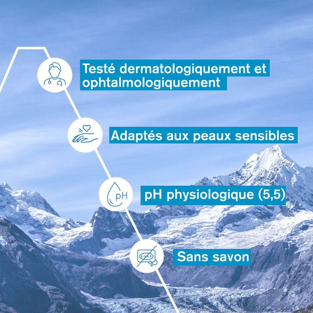 Gros plan d'une personne se lavant avec un nettoyant gel-en-huile moussant. Texte : Tous types de peaux, même sensibles.