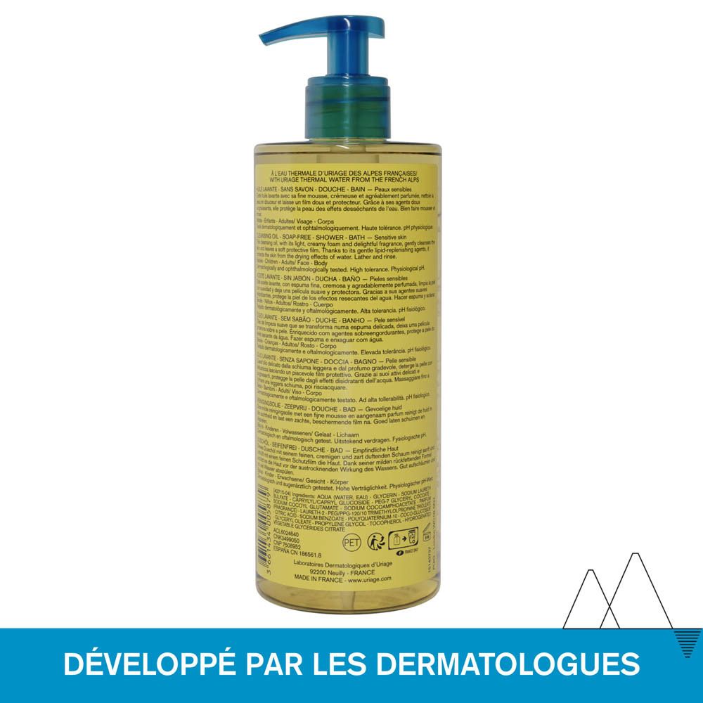 Flacon transparent avec pompe bleue. Texte : Huile Lavante avec 25% de glycérine. Protège du dessèchement.