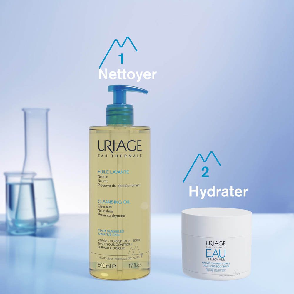 Graphique avec informations. Texte : Testé dermatologiquement, peaux sensibles, pH 5,5, sans savon.