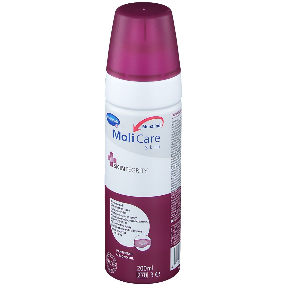Spray d'huile protectrice Hartmann MoliCare Skin. Bouteille blanche avec bouchon violet. Nom du produit et logo visibles. Contient du panthénol et de l'huile d'amande.