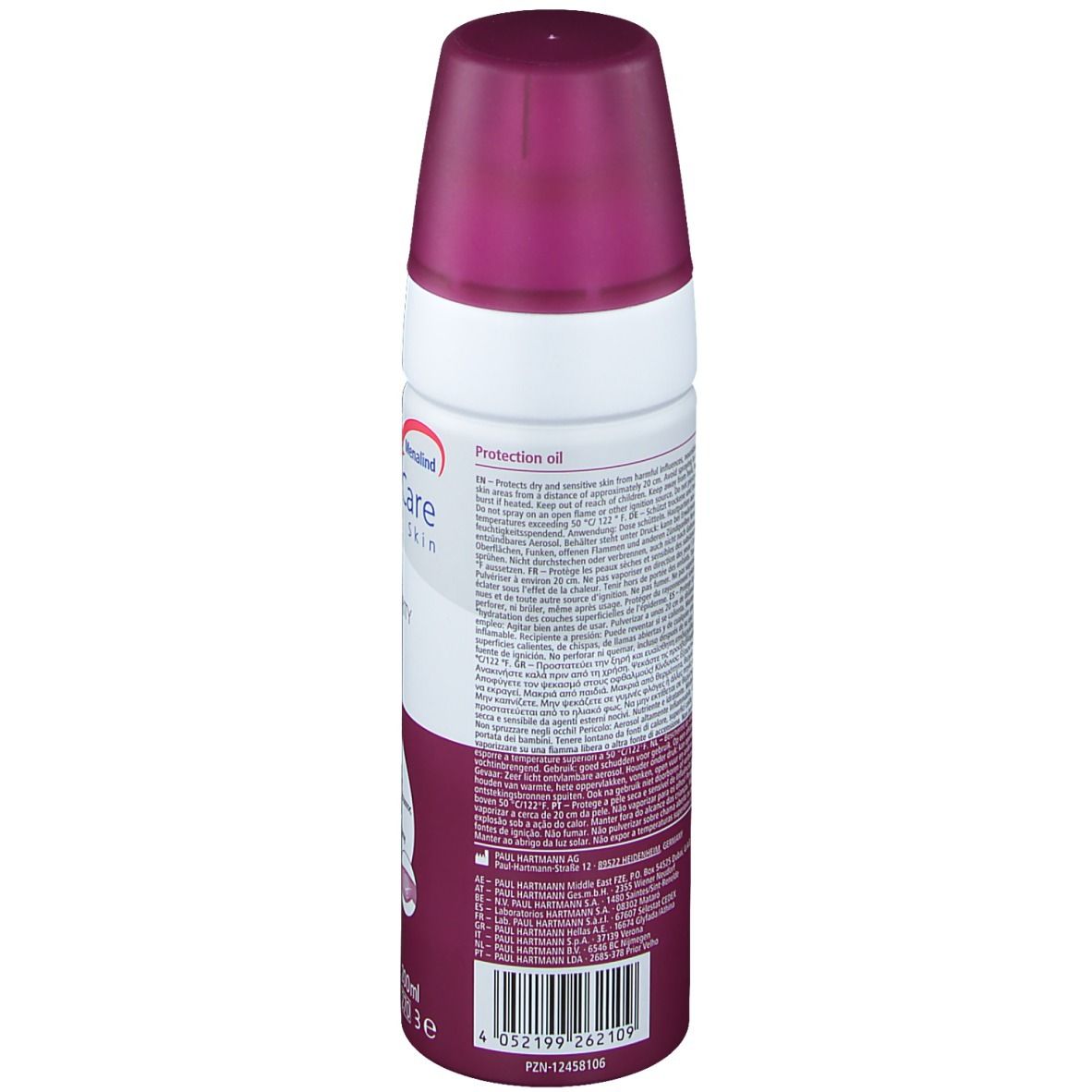 Vue arrière du flacon de spray d'huile protectrice Hartmann MoliCare Skin. Informations textuelles et code-barres visibles. Contient des informations sur l'utilisation et les ingrédients.