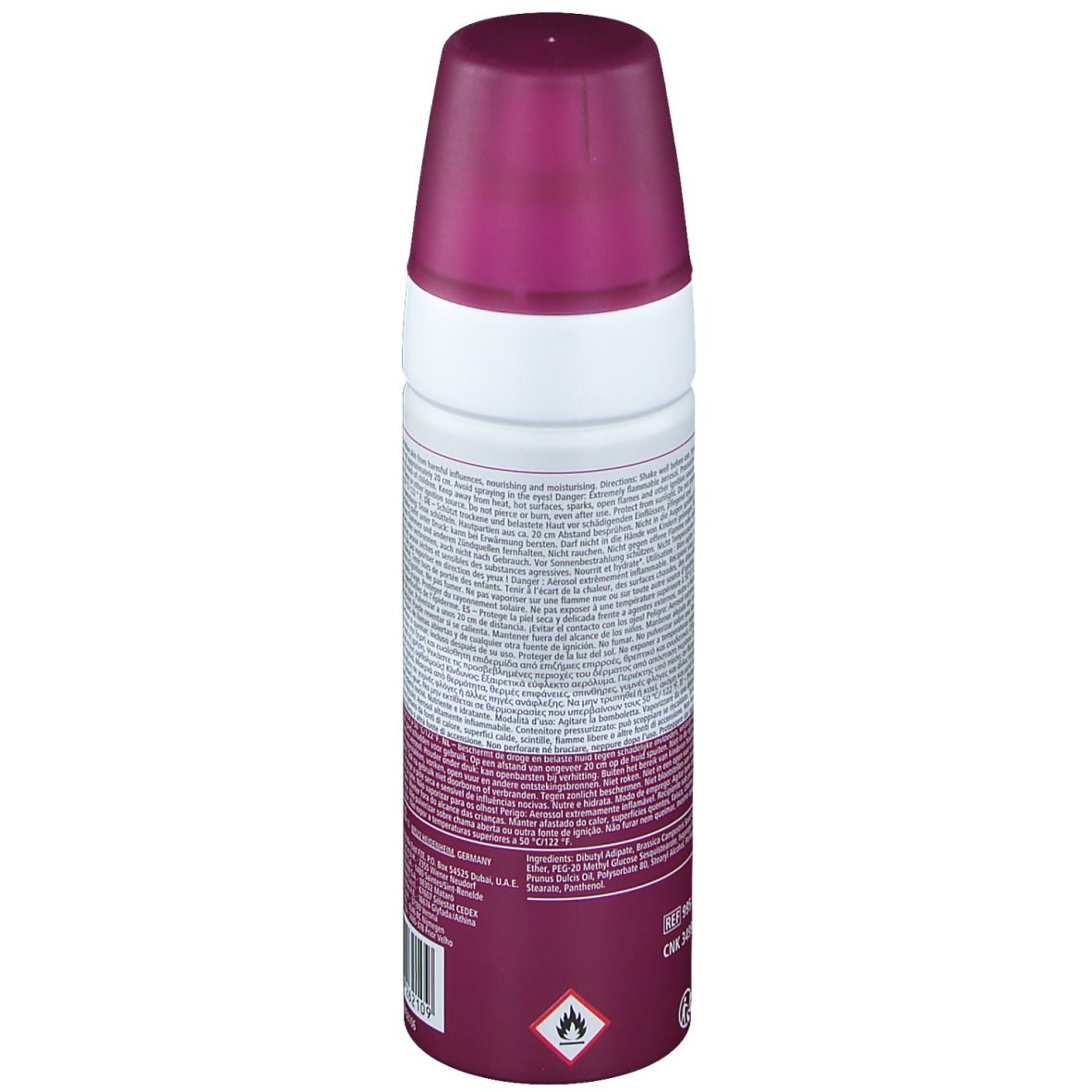 Vue arrière du flacon de spray d'huile protectrice Hartmann MoliCare Skin. Informations textuelles et avertissement visibles. Contient des informations sur l'utilisation et les ingrédients.