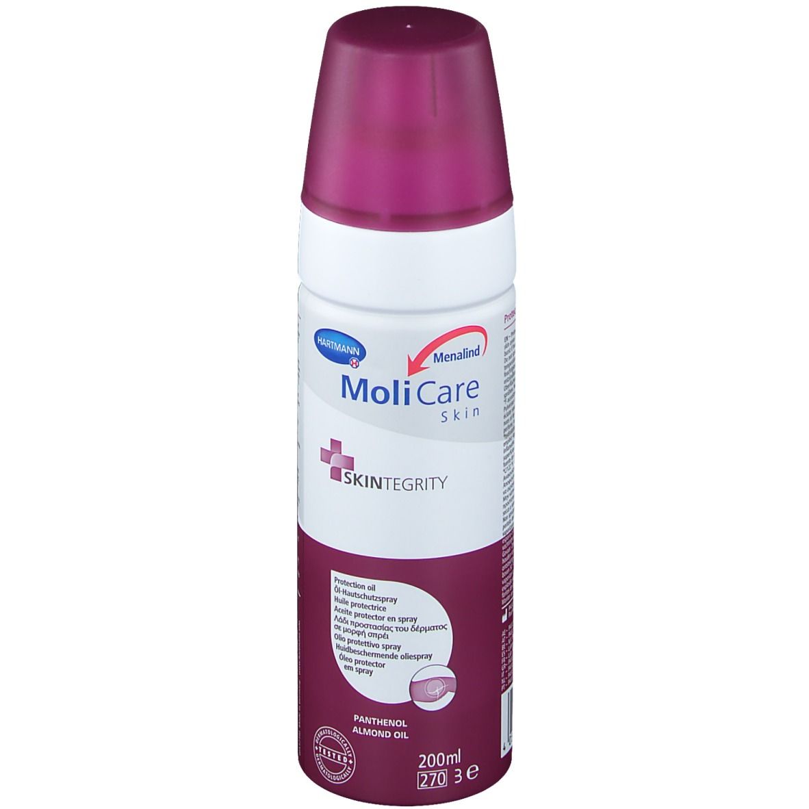 Spray d'huile protectrice Hartmann MoliCare Skin. Bouteille blanche avec bouchon violet. Nom du produit et logo visibles. Contient du panthénol et de l'huile d'amande.