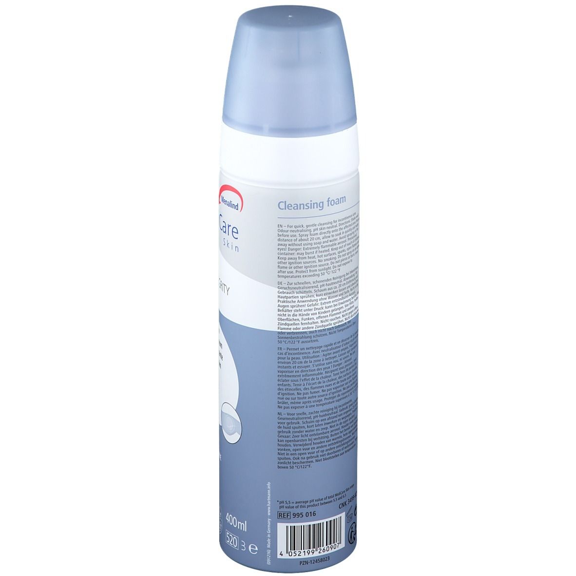 Dos du flacon de mousse nettoyante. Informations textuelles multilingues. Couleurs : blanc et bleu.