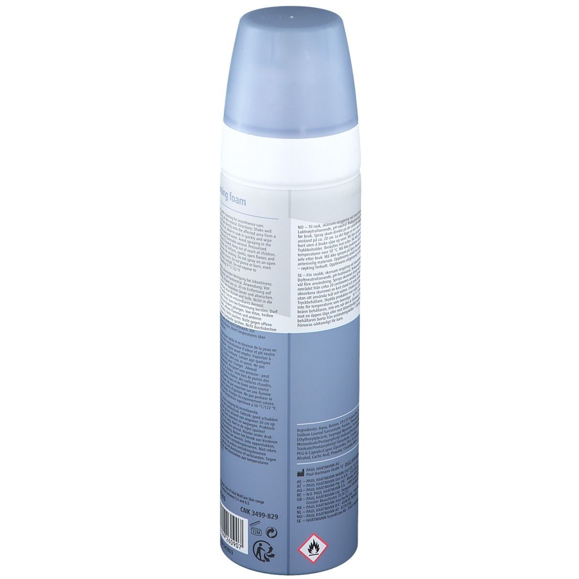 Dos du flacon de mousse nettoyante. Informations textuelles multilingues. Couleurs : blanc et bleu.