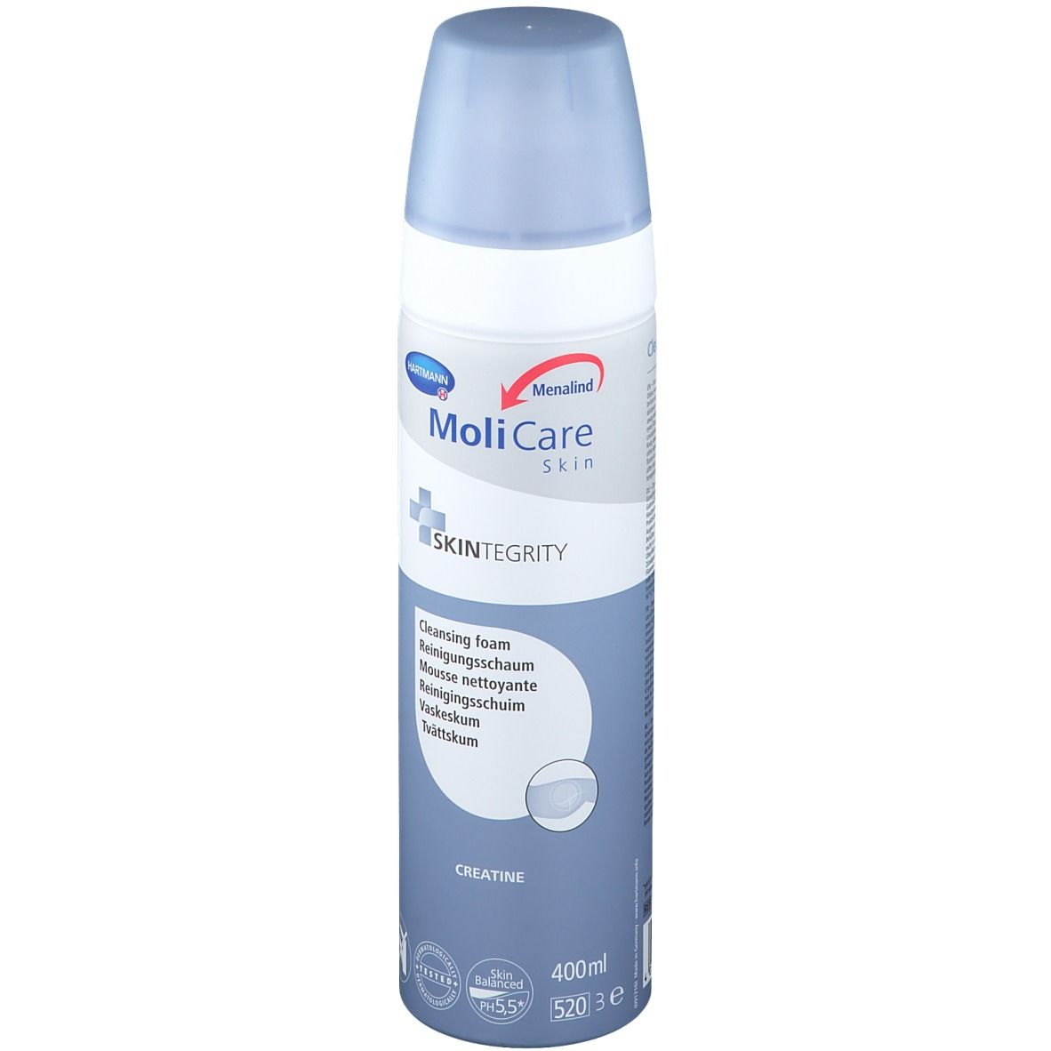Flacon de mousse nettoyante. Coloris blanc et bleu. Nom et logo du produit visibles. Contient de la créatine. 400ml.