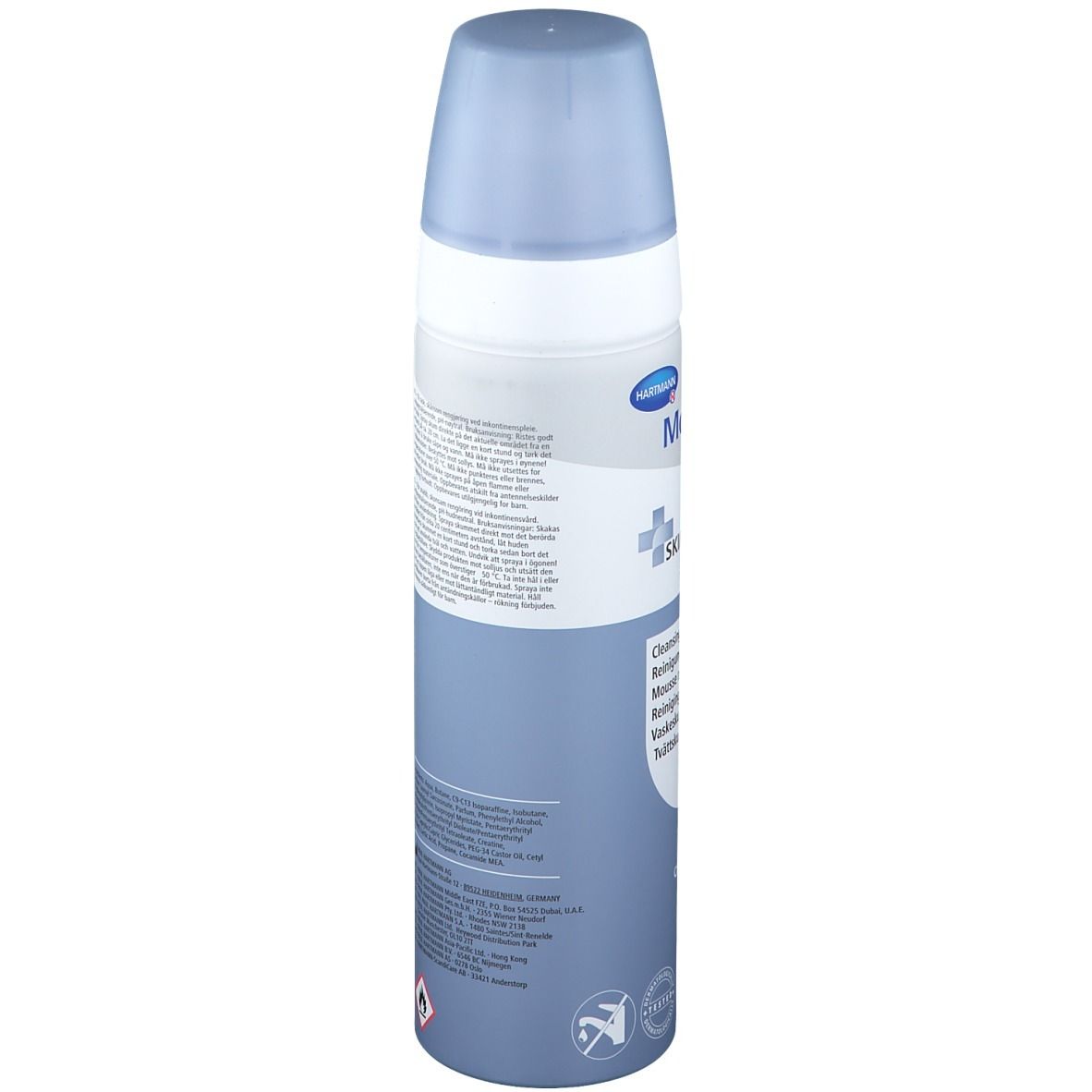 Dos du flacon de mousse nettoyante. Informations textuelles multilingues. Couleurs : blanc et bleu.