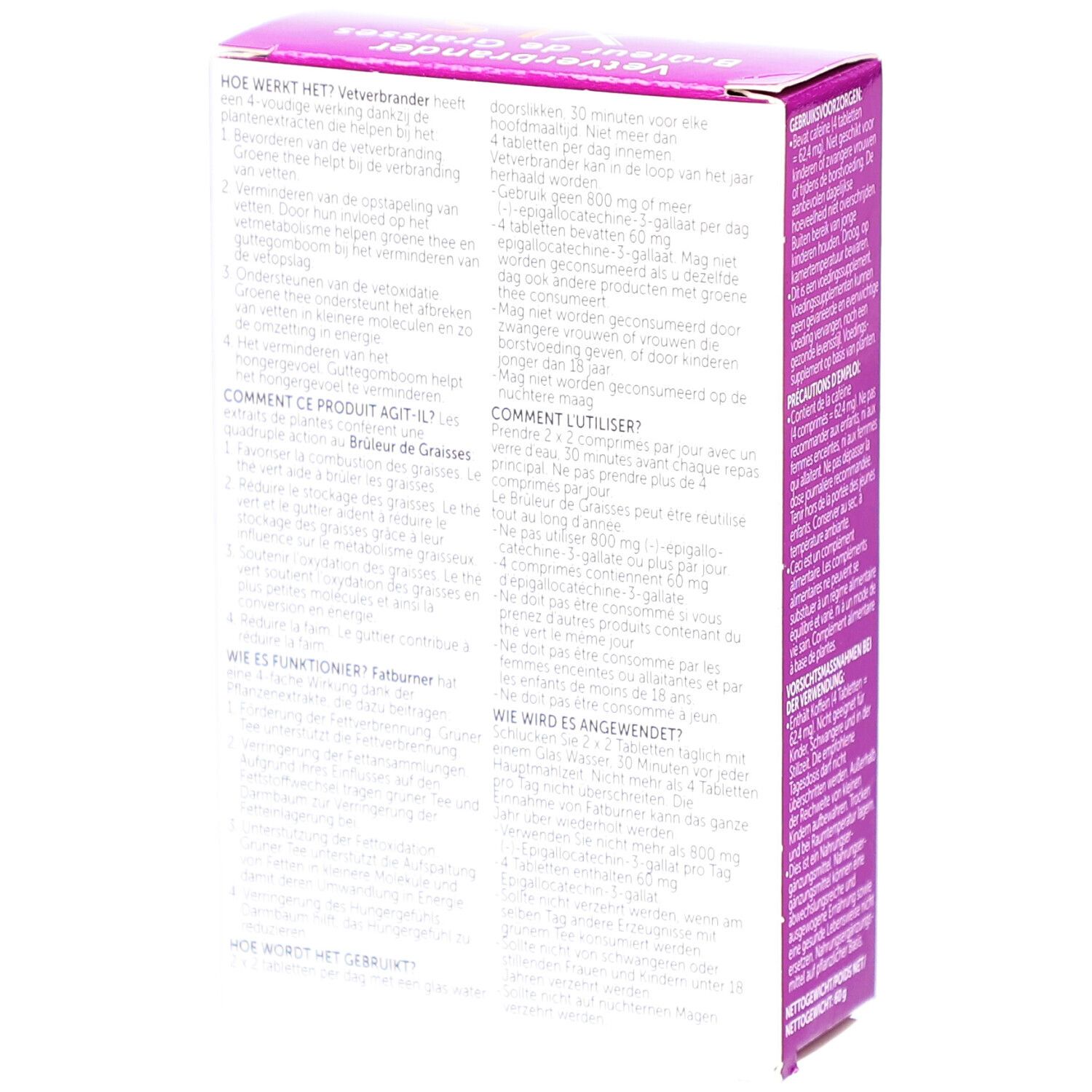 Dos de la boîte XLS Cure Bûleur De Graisses. Texte multilingue avec informations sur le produit.