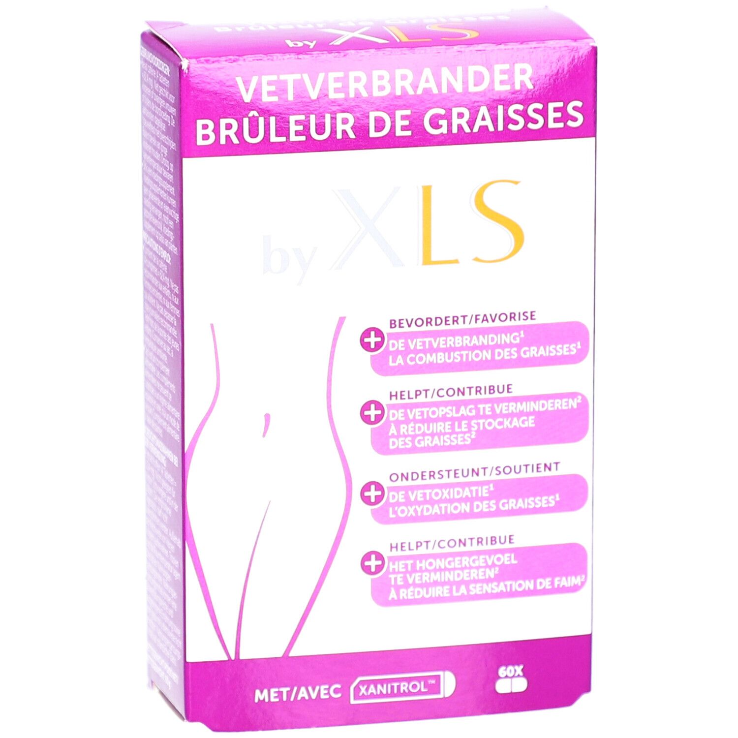 Boîte de XLS Cure Bûleur De Graisses. Emballage rose et blanc avec nom du produit et silhouette féminine.