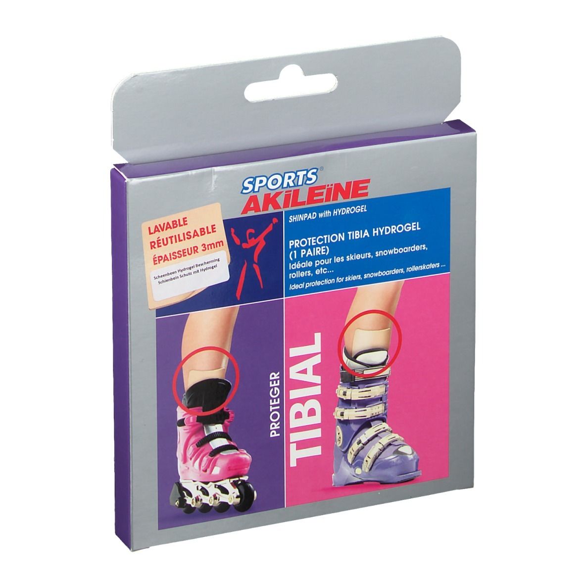 Boîte Akileïne Deporte Protector De Tibia. Contient une paire. Illustrations de pieds avec chaussures de ski et rollers.