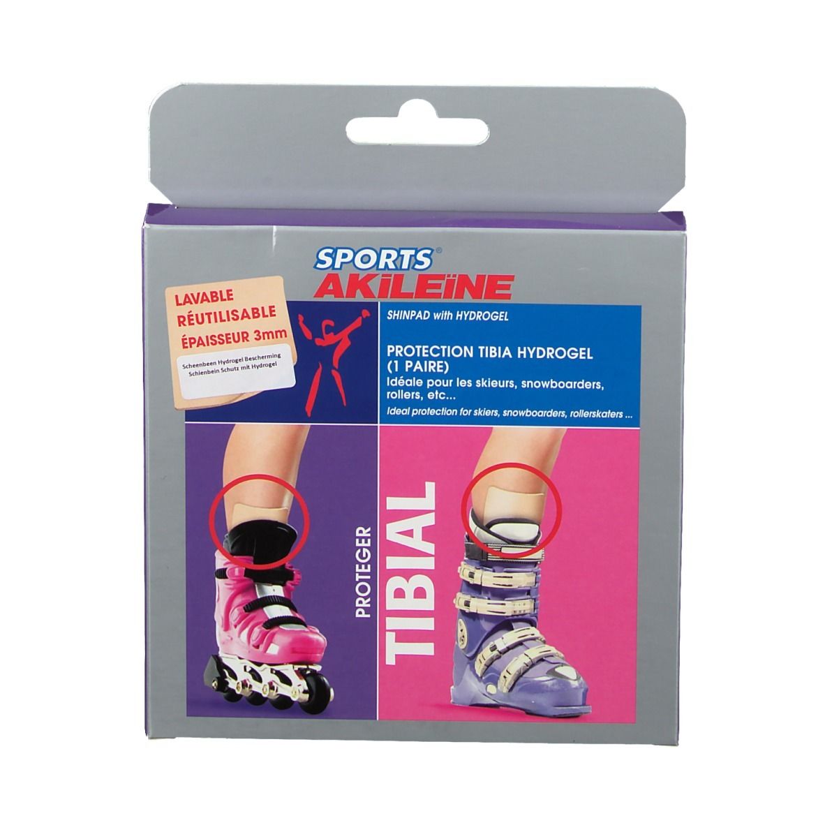 Boîte Akileïne Deporte Protector De Tibia. Contient une paire. Illustrations de pieds avec chaussures de ski et rollers. Texte: Shinpad with hydrogel.