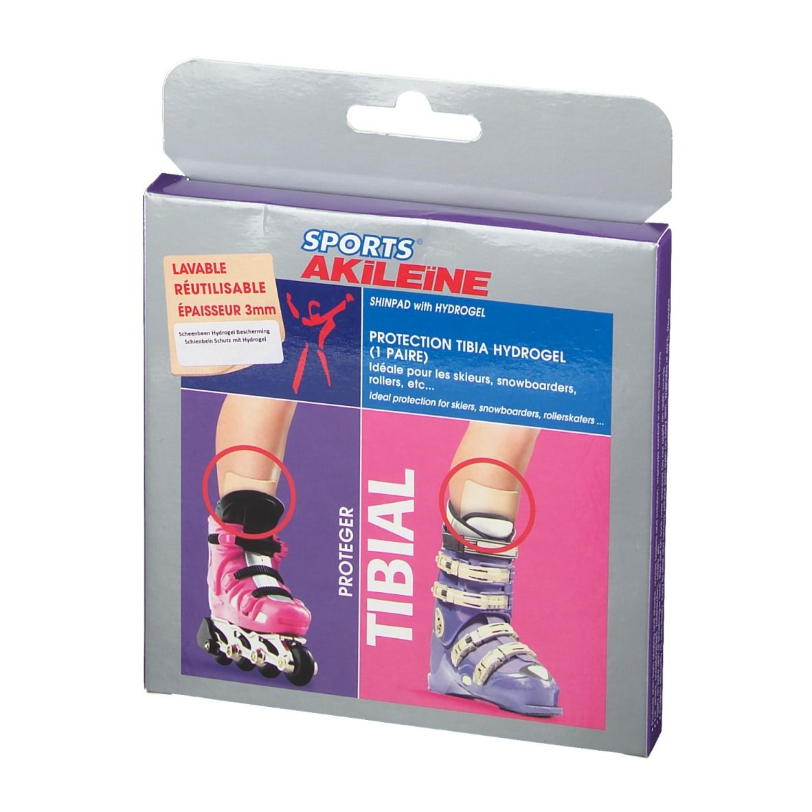 Boîte Akileïne Deporte Protector De Tibia. Contient une paire. Illustrations de pieds avec chaussures de ski et rollers. Texte: Shinpad with hydrogel.
