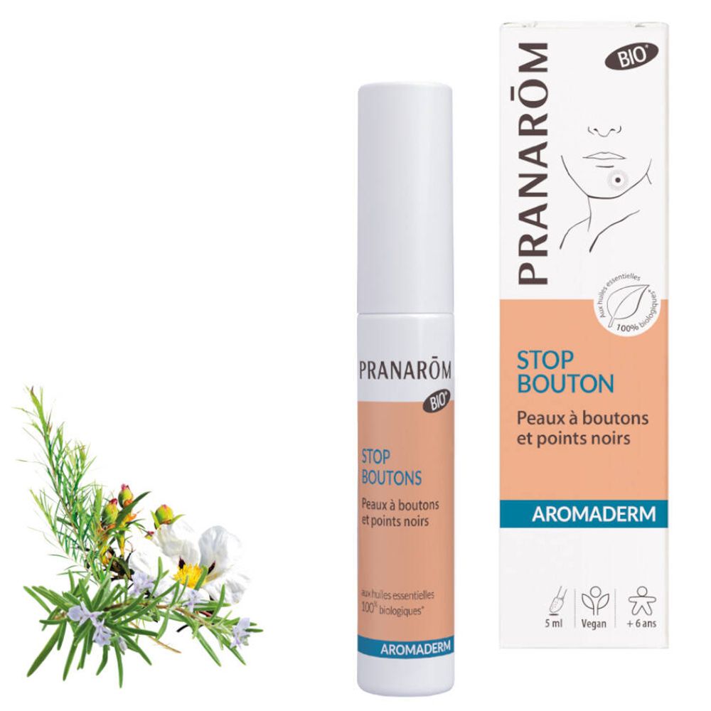 Flacon et emballage de sérum. Inscription : STOP BOUTON, Aromaderm. Certification bio.