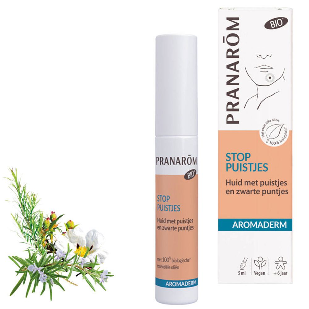 Flacon et emballage de sérum. Inscription : STOP PUISTJES, Aromaderm. Certification bio.