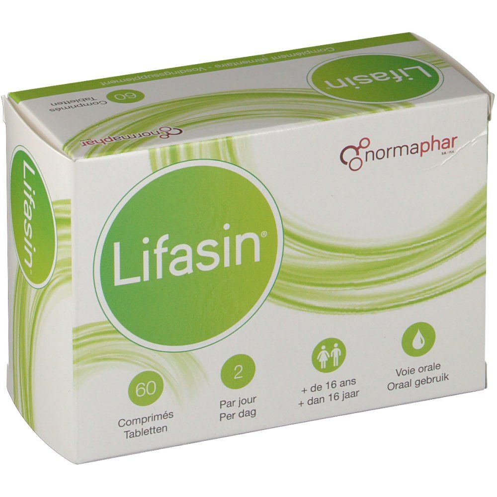 Boîte de comprimés Lifasin. Emballage vert et blanc avec nom et logo. 60 comprimés, 2 par jour, à partir de 16 ans.
