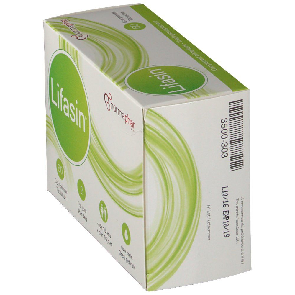 Boîte de comprimés Lifasin en biais. Emballage vert et blanc avec nom et logo. Date de péremption et numéro de lot.