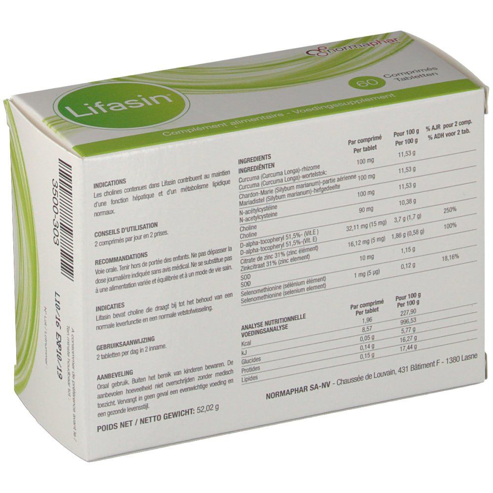 Dos de la boîte de comprimés Lifasin. Contient des informations sur les ingrédients, le dosage et les valeurs nutritionnelles. Texte multilingue.