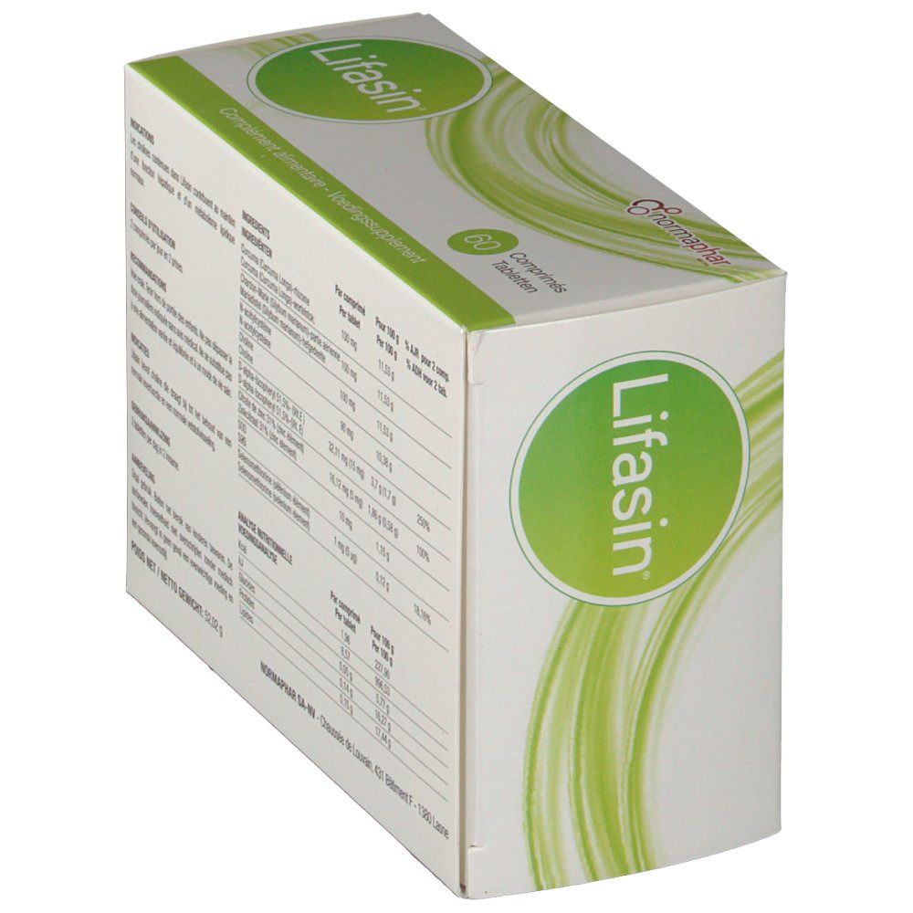 Boîte de comprimés Lifasin en biais. Contient des informations sur les ingrédients, le dosage et les valeurs nutritionnelles. Texte multilingue.