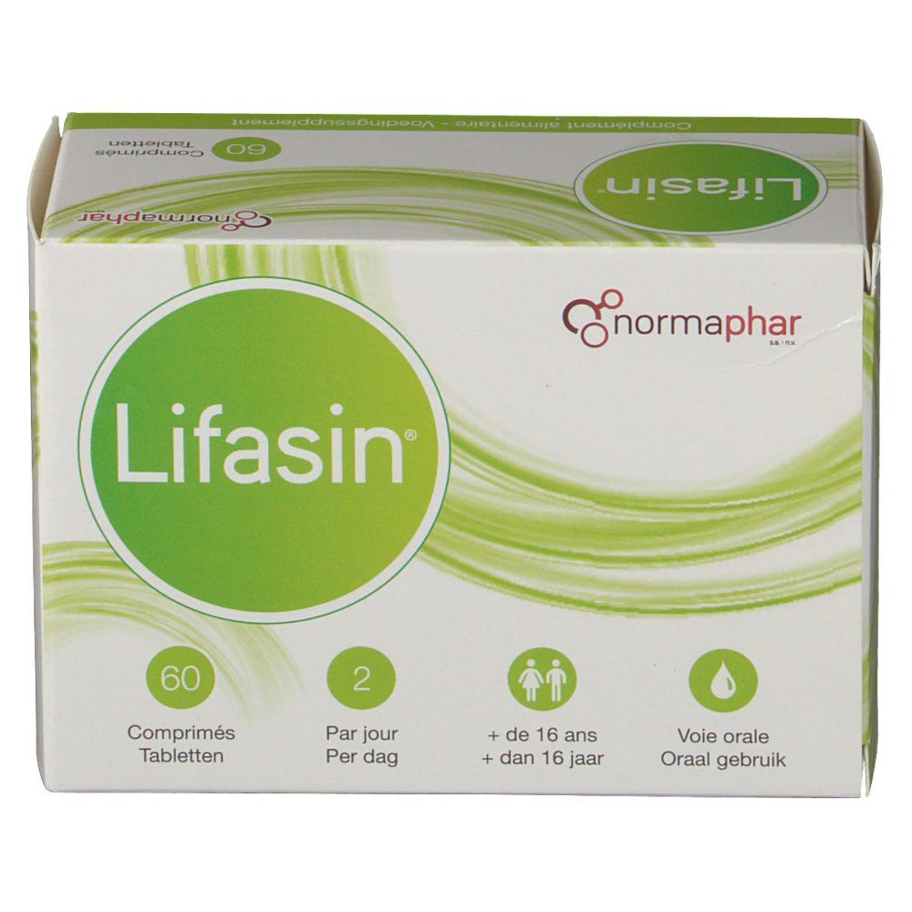 Boîte de comprimés Lifasin. Emballage vert et blanc avec nom et logo. 60 comprimés, 2 par jour, à partir de 16 ans.