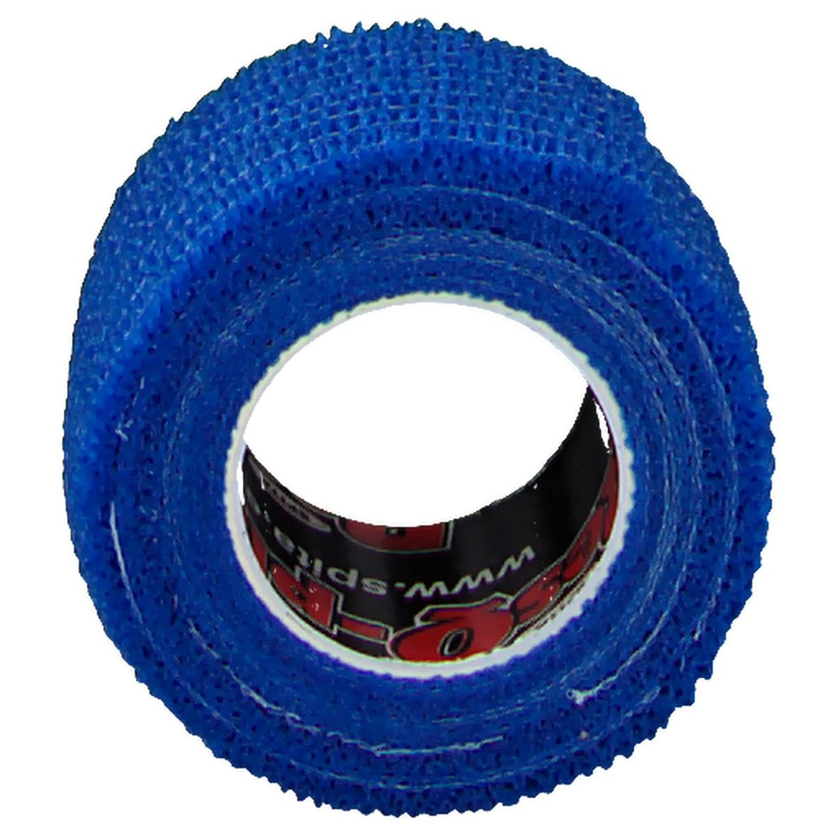 Ruban adhésif bleu enroulé. Le ruban est fait d'un matériau tissé. Le centre du ruban est visible.