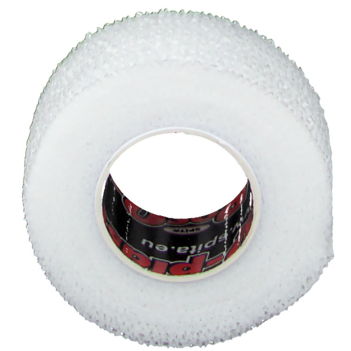 Rouleau de bandage blanc. Intérieur imprimé avec texte rouge sur fond noir. Le nom de la marque est visible.