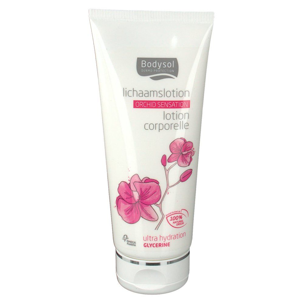 Tube blanc avec logo Bodysol, illustration d'orchidée et texte. Contient 'lotion corporelle'.