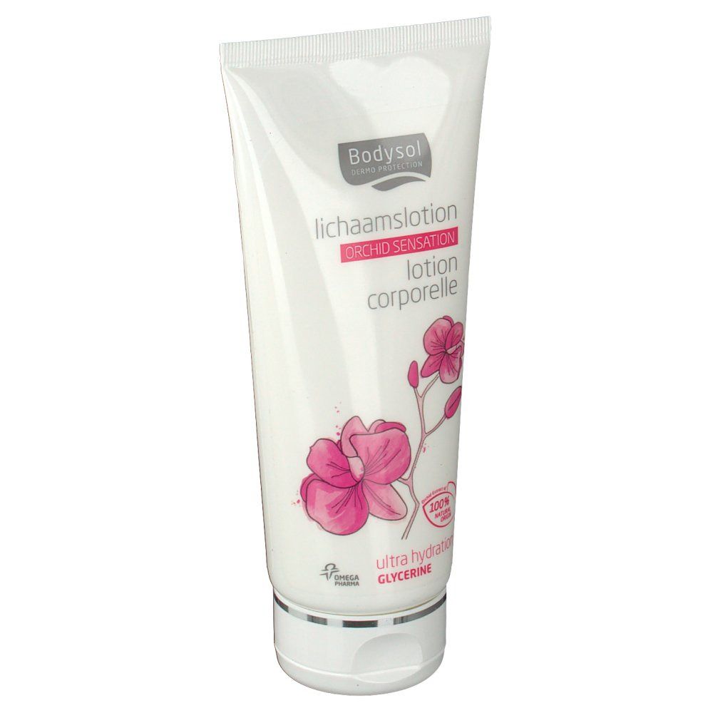Tube blanc avec logo Bodysol, illustration d'orchidée et texte. Contient 'lotion corporelle'.