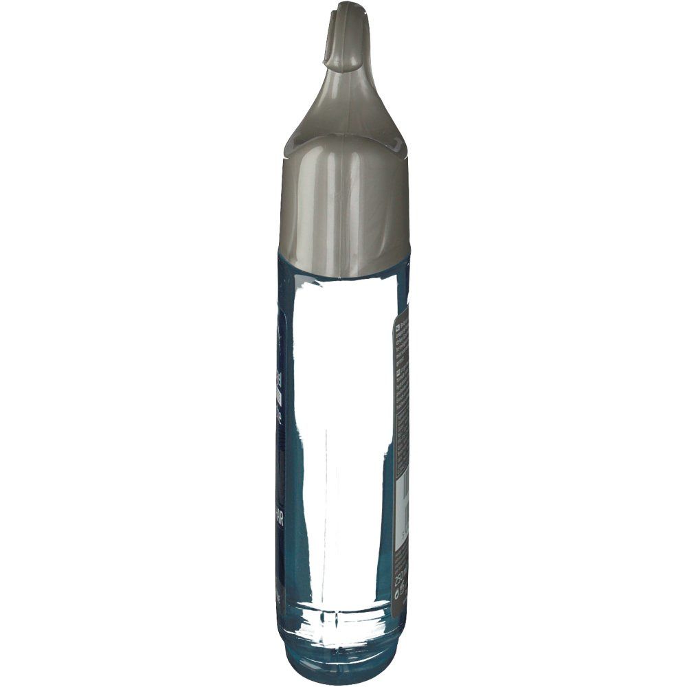 Flacon transparent étroit avec bouchon gris. Dispositif de suspension. Dos avec texte.