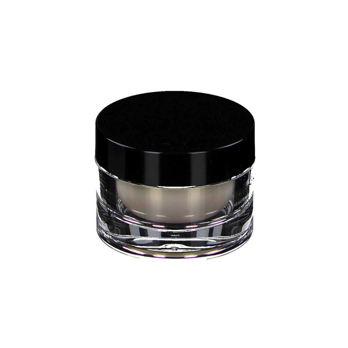 Pot rond avec couvercle noir. Contenu de la crème visible.